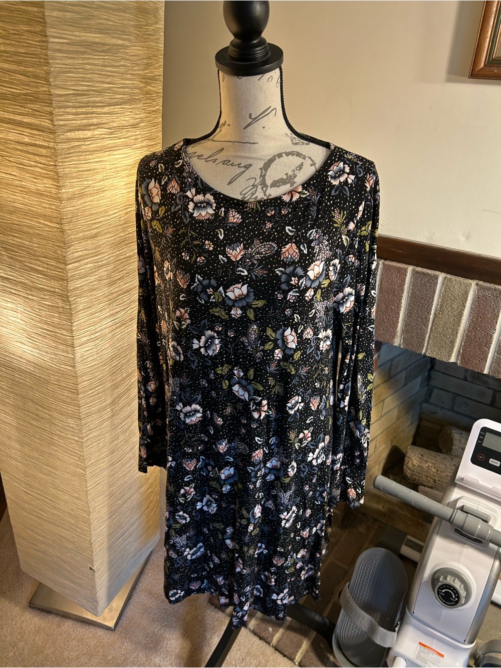 LOFT Black Floral Long-Sleeve Swing Dress